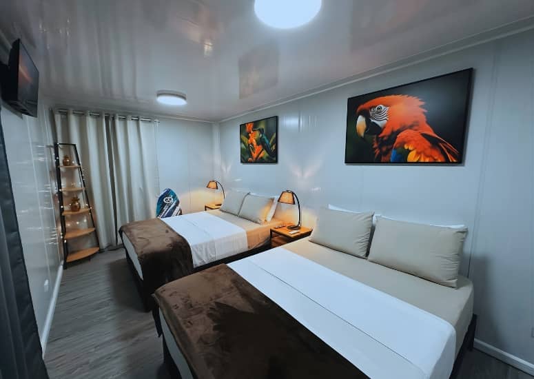 Habitación de bungalow en Vivirí inspirada en guacamayo rojo, alojamiento moderno cerca de Playa Bandera y Parque Nacional Manuel Antonio, Parrita – Quepos